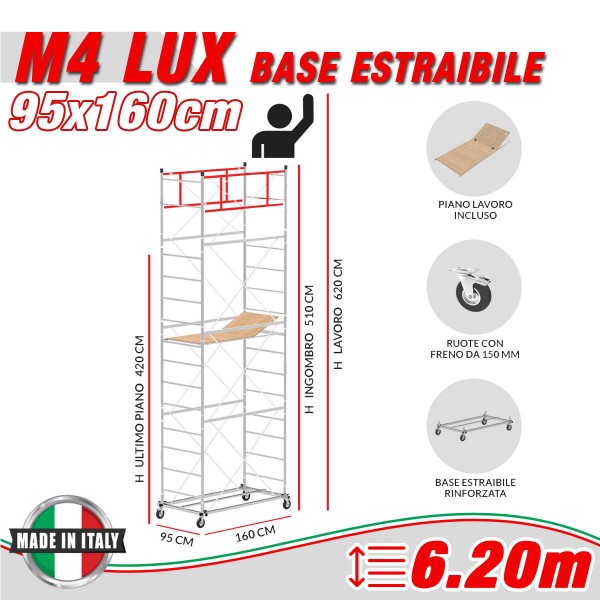 Trabattello M4 LUX base estraibile Altezza lavoro 6,20 metri